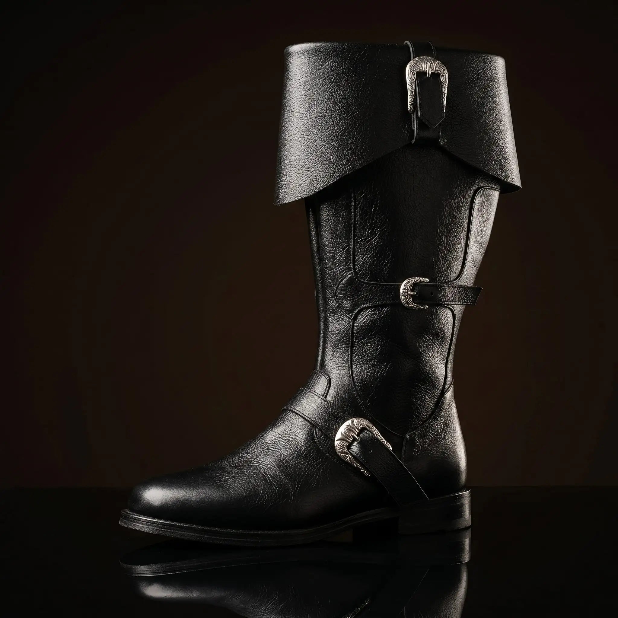 Black genuine leather Caribbean pirate boots — bespoke buckle strap pirate footwear by Noirtide