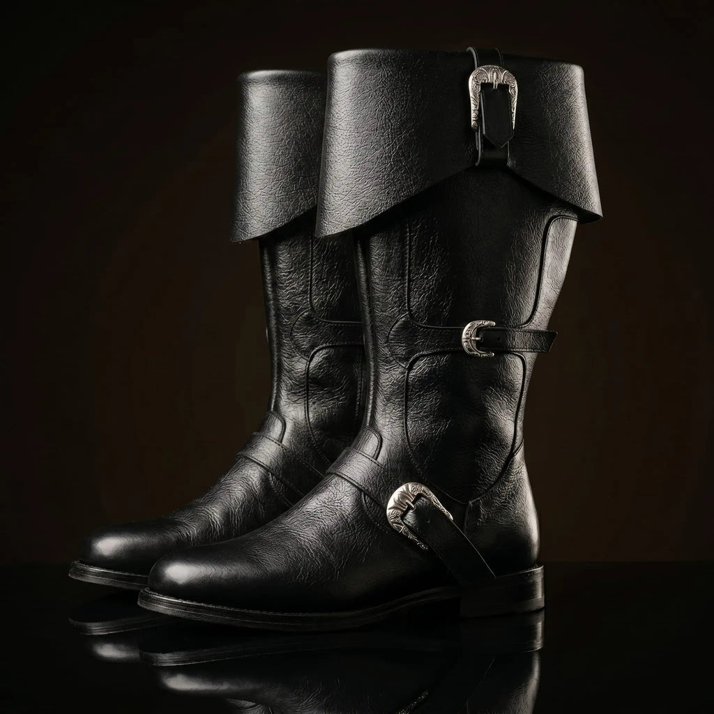 Pair of black handcrafted Caribbean pirate boots — genuine leather, any size, made to order — Noirtide