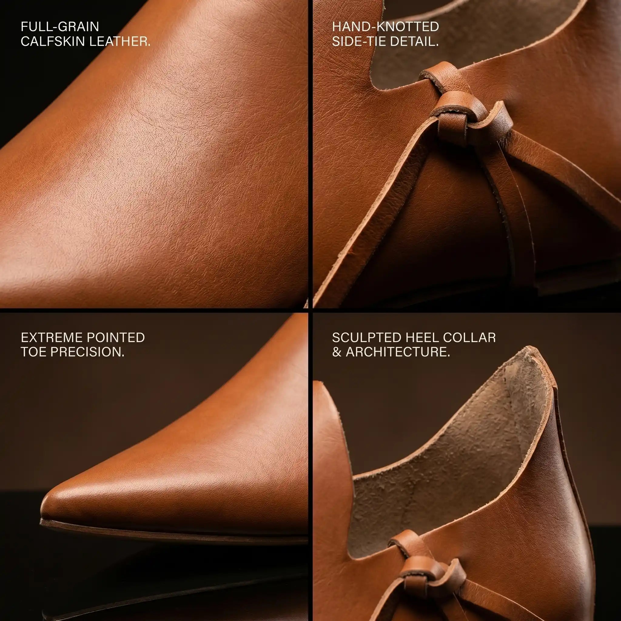 Close-up of elongated pointed poulaine toe on natural tan Noirtide medieval shoe — genuine leather, 14th century reproduction