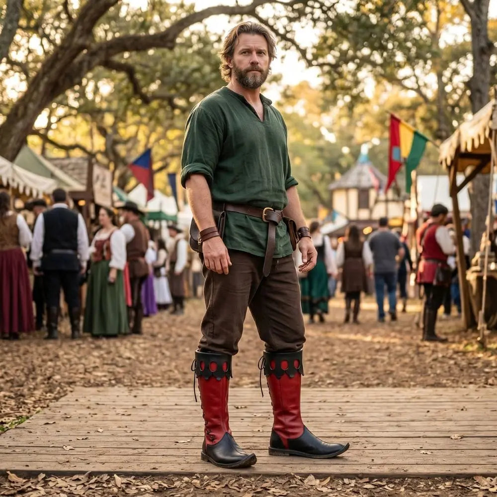Cosplayer in medieval court villain costume wearing Noirtide black and red dagged cuff boots at a LARP event