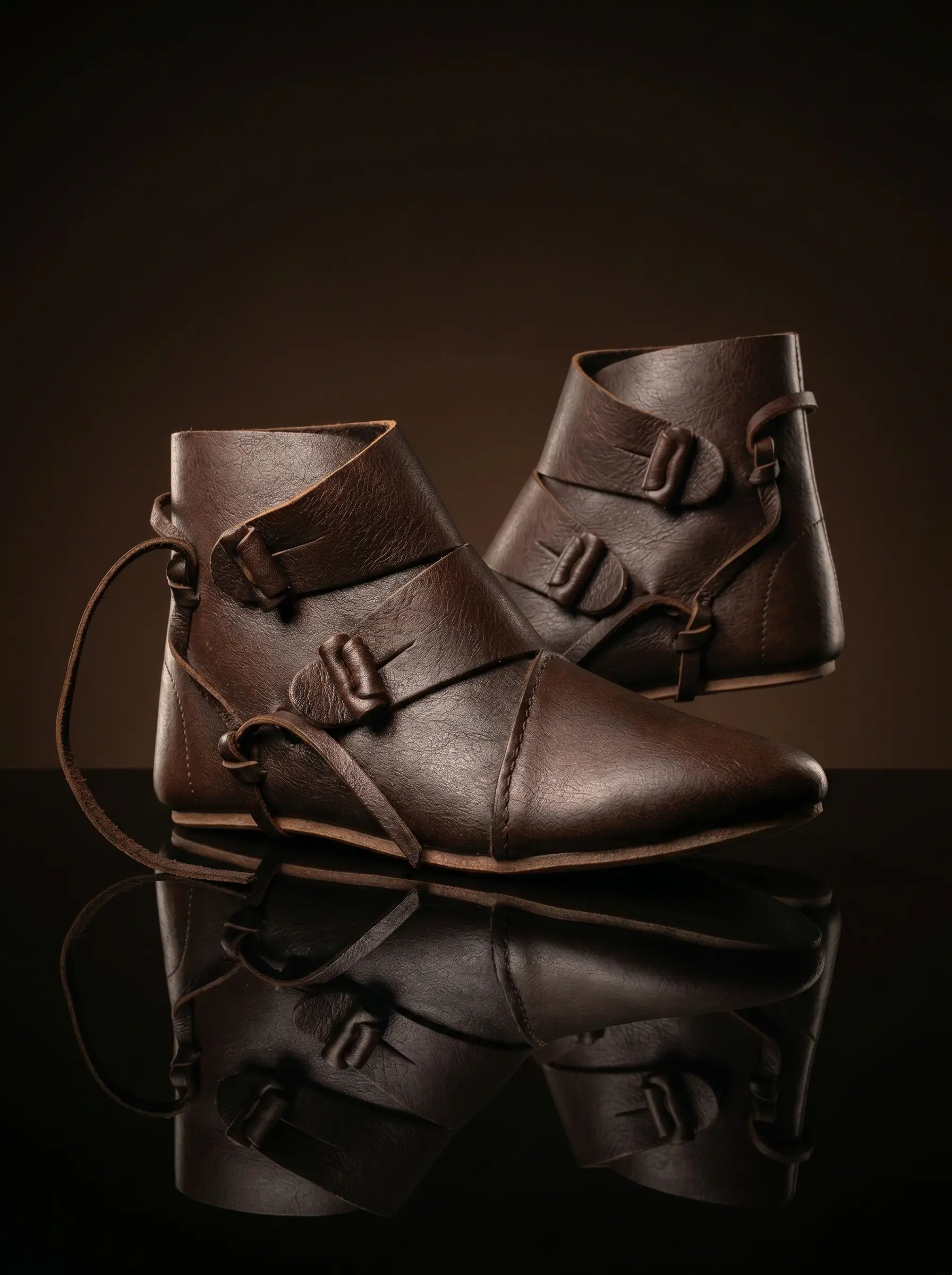 Dark brown genuine leather Jorvik shoes — bespoke 9th–10th century Viking reenactment footwear by Noirtide