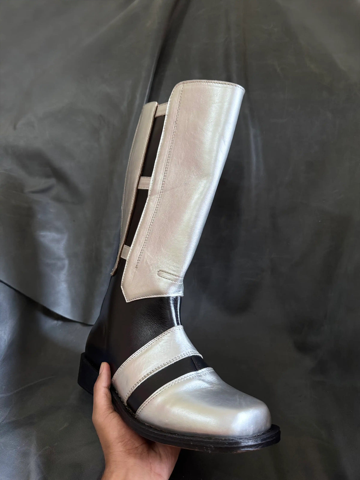 Black genuine leather Darth Revan cosplay boots — wide instep strap, knee-high shaft, bespoke by Noirtide