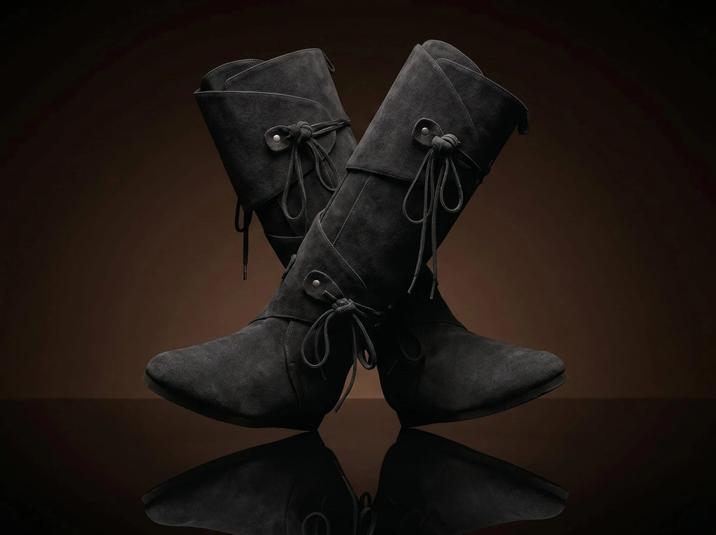 Dual wrap-and-tie strap closure on black suede Noirtide Renaissance boot — metal rivet anchors, genuine suede leather