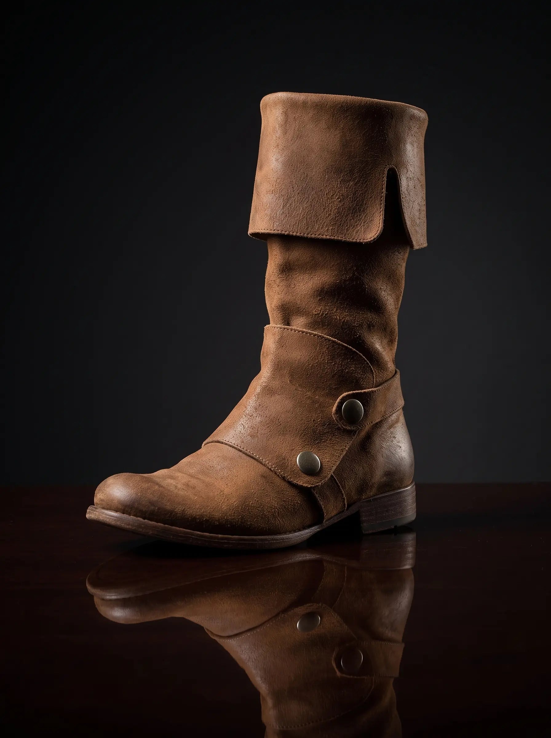 Distressed brown genuine leather Flynn Rider Tangled cosplay boots — fold-over cuff, double brass buttons, bespoke by Noirtide