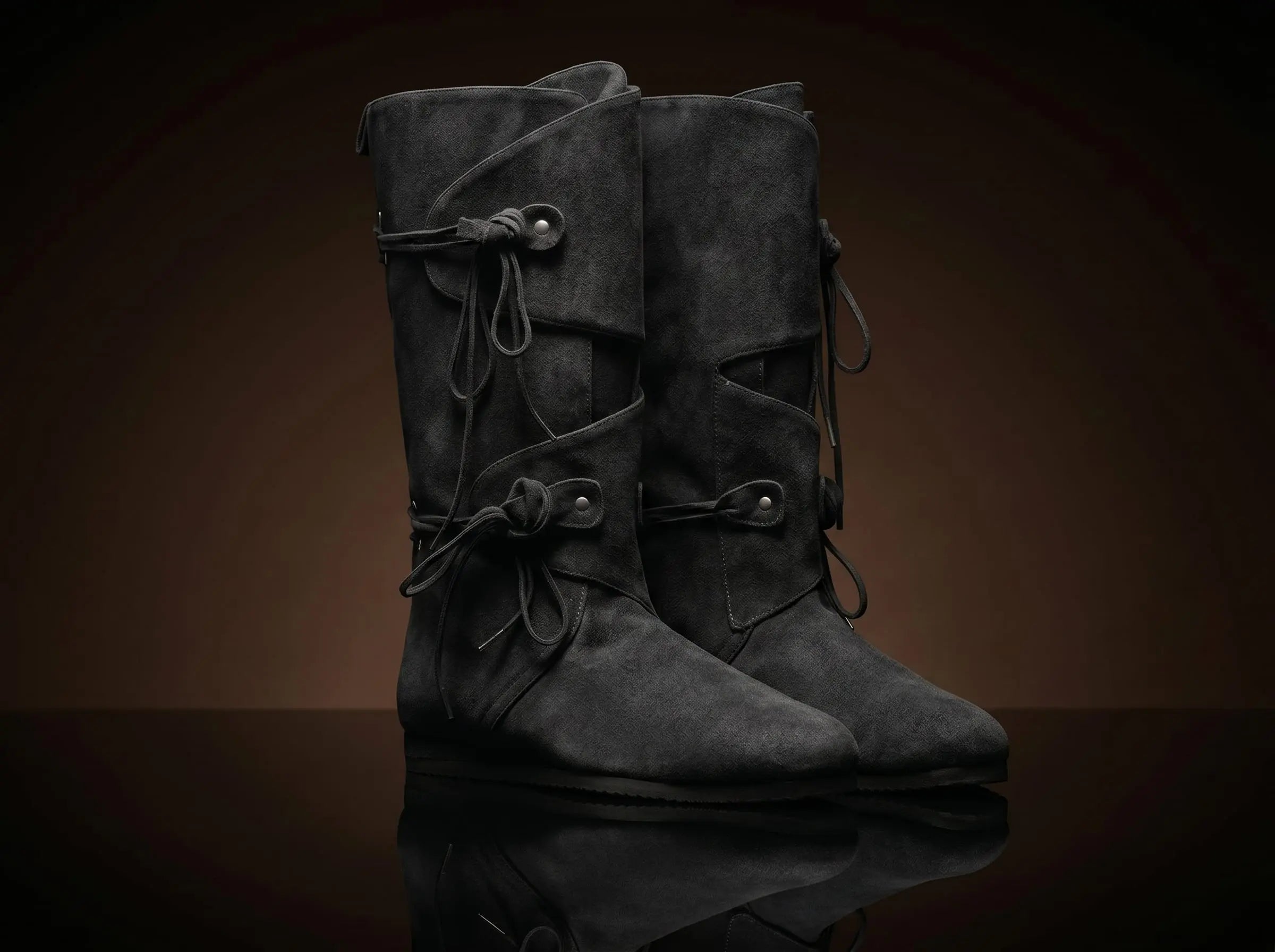 Full side view of black suede dual strap Renaissance pull-on boot — rounded toe, flat sole — Noirtide medieval boots