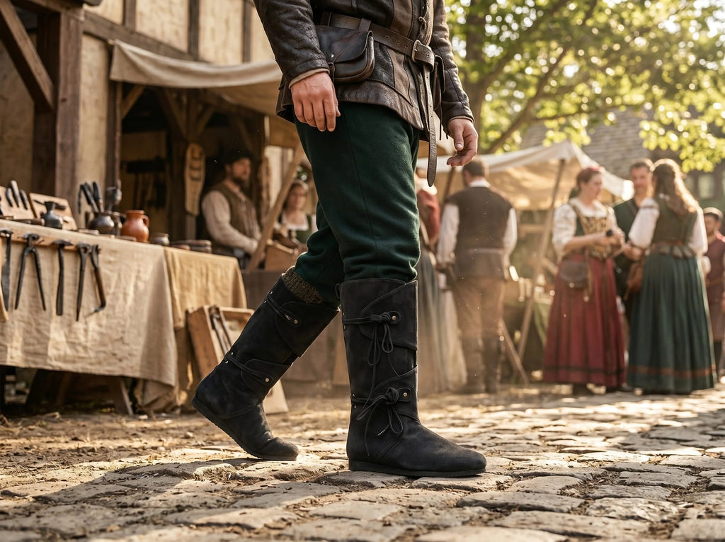 LARP ranger character wearing black suede Noirtide dual strap Renaissance boots at an outdoor fantasy event