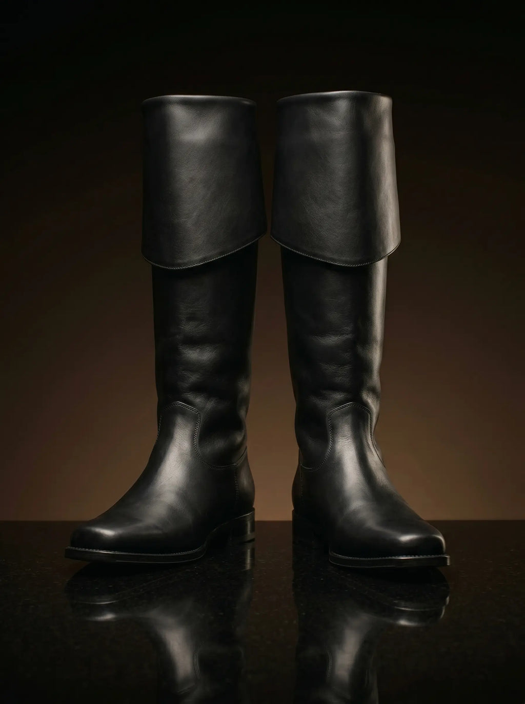 Noirtide Jamie Fraser boot with cuff folded down for riding — matt black leather, flat sole, 18th century Highland