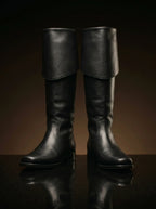 Noirtide Jamie Fraser boot with cuff folded down for riding — matt black leather, flat sole, 18th century Highland