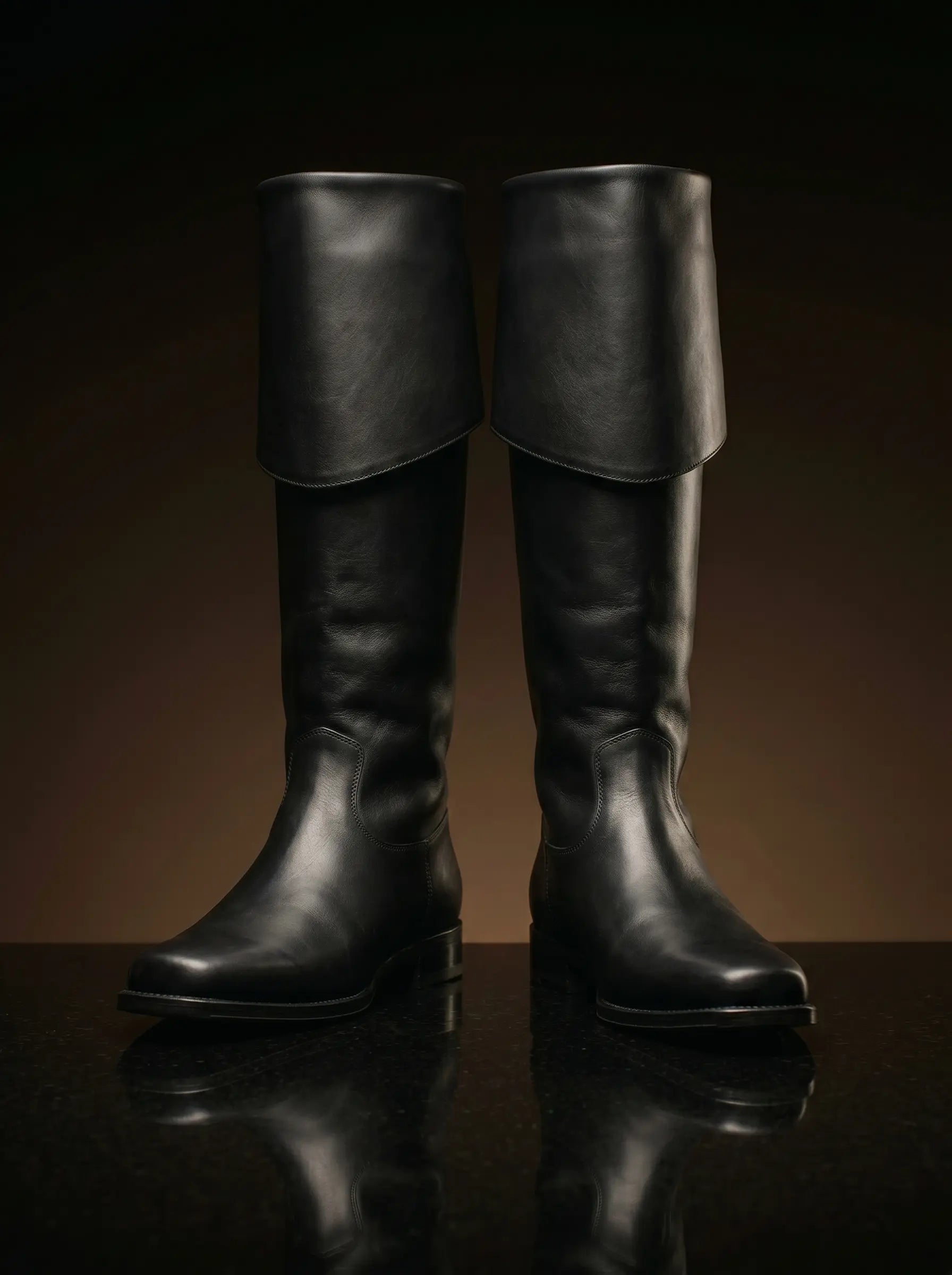 Noirtide Jamie Fraser boot with cuff folded down for riding — matt black leather, flat sole, 18th century Highland
