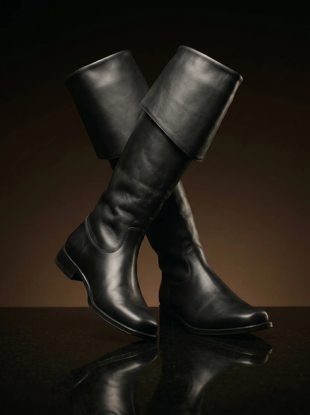 Noirtide Jamie Fraser boot with cuff extended — knee-high matt black leather, square toe, Scottish Highland silhouette