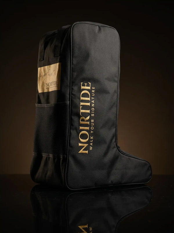 NOIRTIDE Signature Boot Bag in black polyester with gold branding