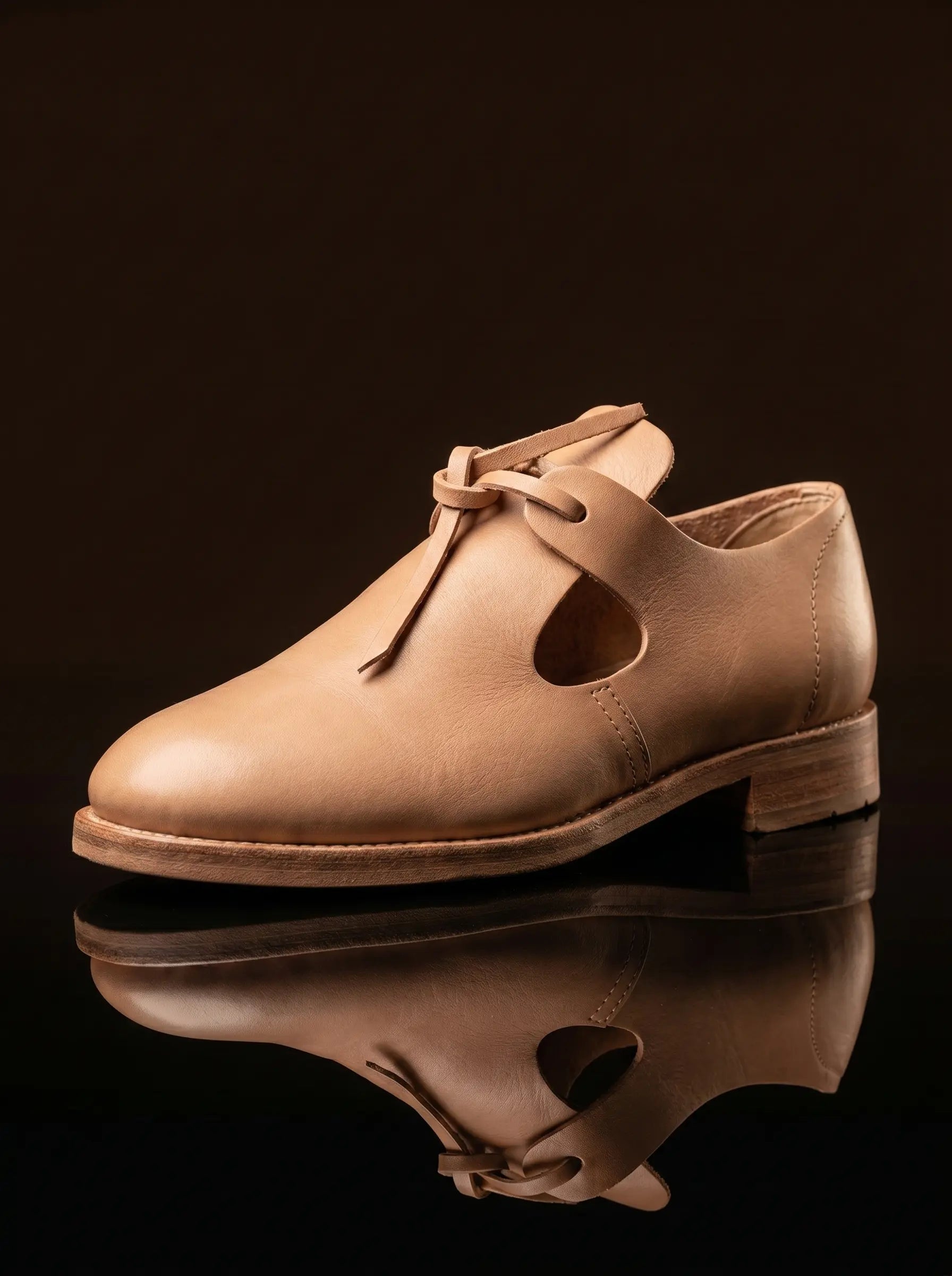 Natural tan genuine leather open latchet shoes — Elizabethan and Jacobean reenactment footwear by Noirtide