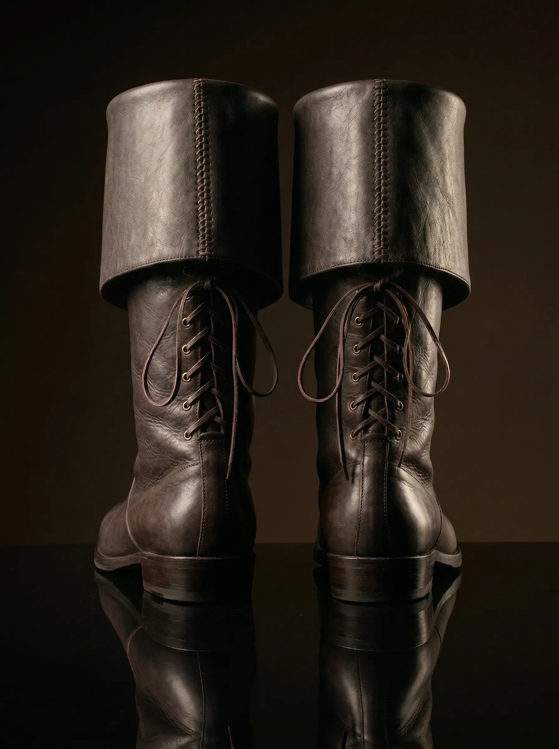 Back-lacing calf closure on brown Noirtide POTC pirate boot — genuine leather, bespoke any size