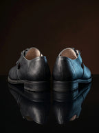 Pair of black handcrafted open latchet shoes — genuine leather, made to order — Noirtide historical footwear