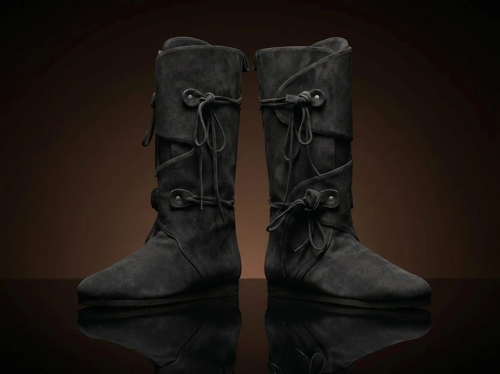 Pair of black suede handcrafted dual strap Renaissance boots — genuine leather, made to order any size — Noirtide