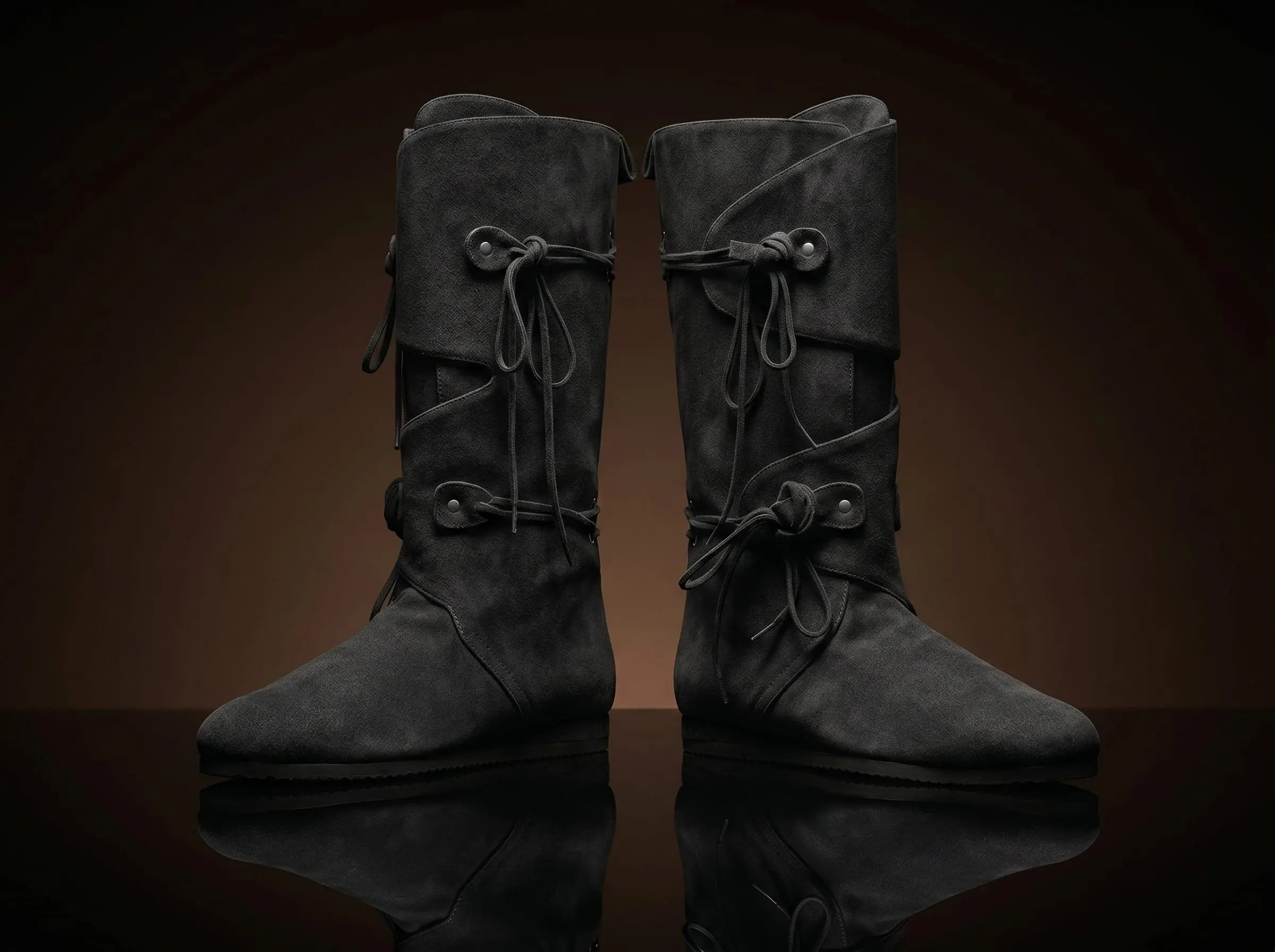 Pair of black suede handcrafted dual strap Renaissance boots — genuine leather, made to order any size — Noirtide