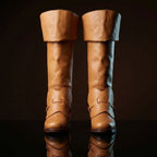 Pair of natural tan handcrafted musketeer boots — genuine leather, made to order any size — Noirtide