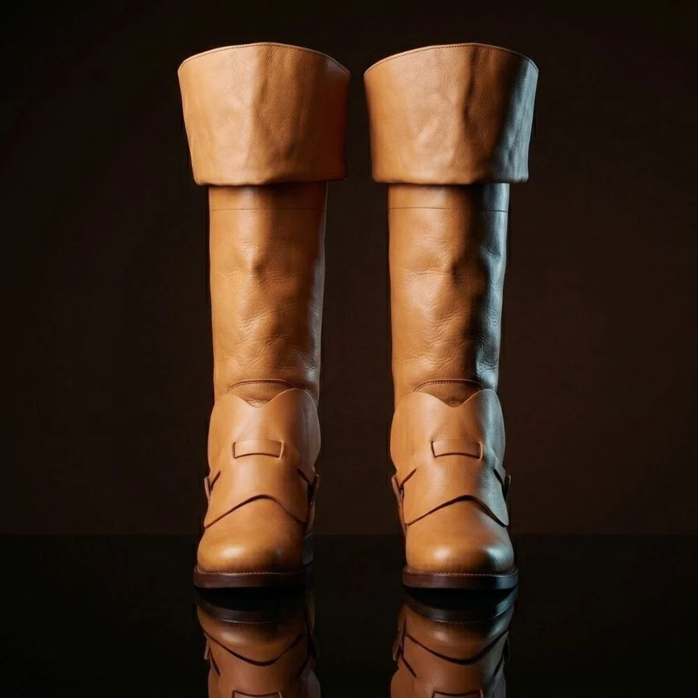Pair of natural tan handcrafted musketeer boots — genuine leather, made to order any size — Noirtide