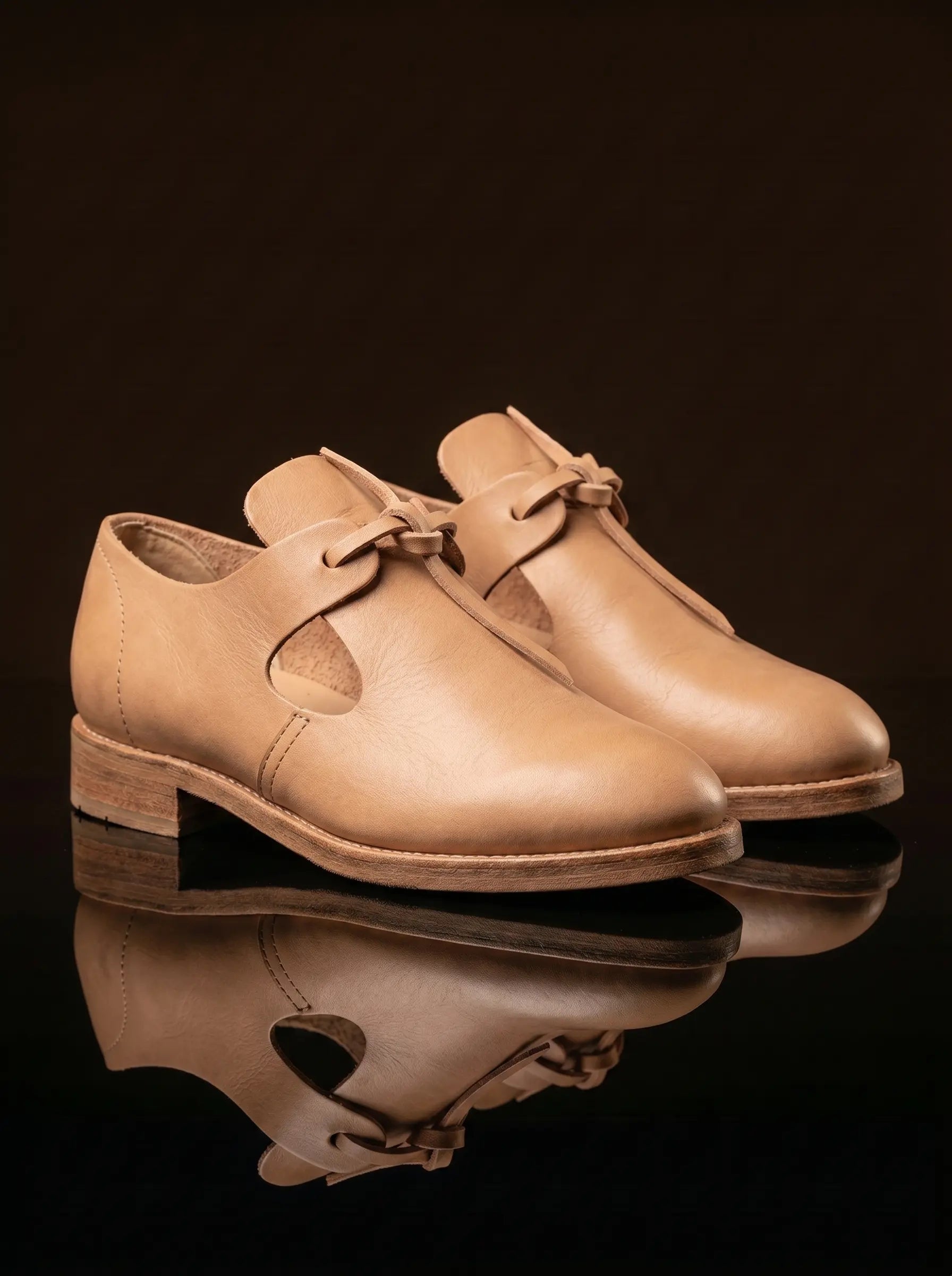 Pair of natural tan handcrafted open latchet shoes — genuine leather, any size — Noirtide bespoke footwear