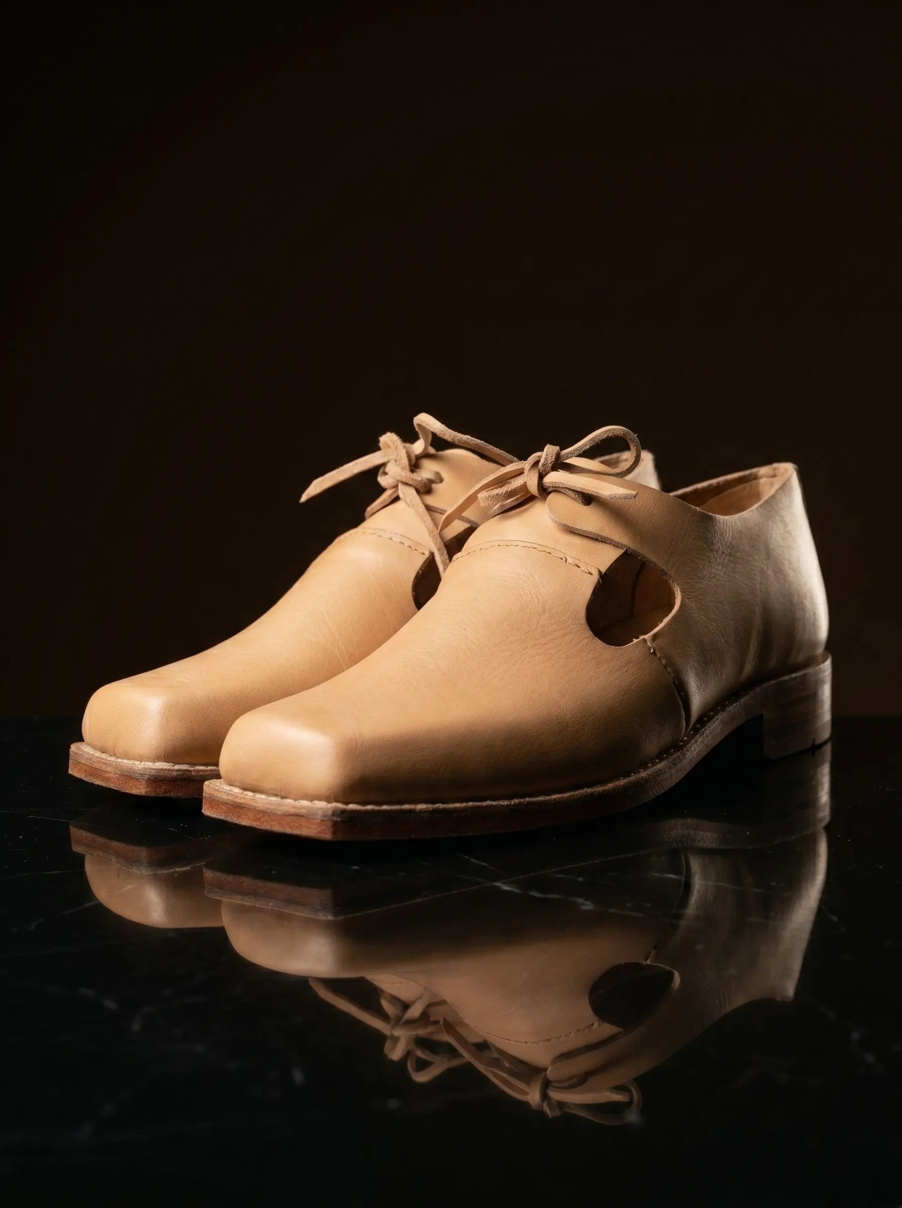 Pair of natural tan handcrafted open latchet shoes — genuine leather, any size — Noirtide bespoke footwear