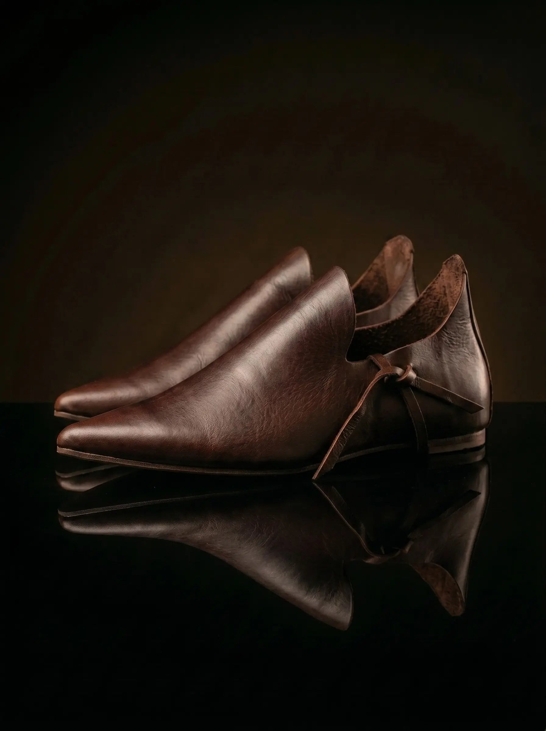 Medieval reenactor wearing dark brown Noirtide poulaine shoes in 15th century noble costume at a living history event