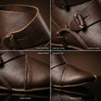Rolled leather toggle button closure on Noirtide Jorvik shoe — authentic 10th century Viking fastening method
