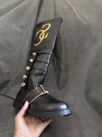 Embroidered Santa Claus boots in black leather — handmade by NOIRTIDE