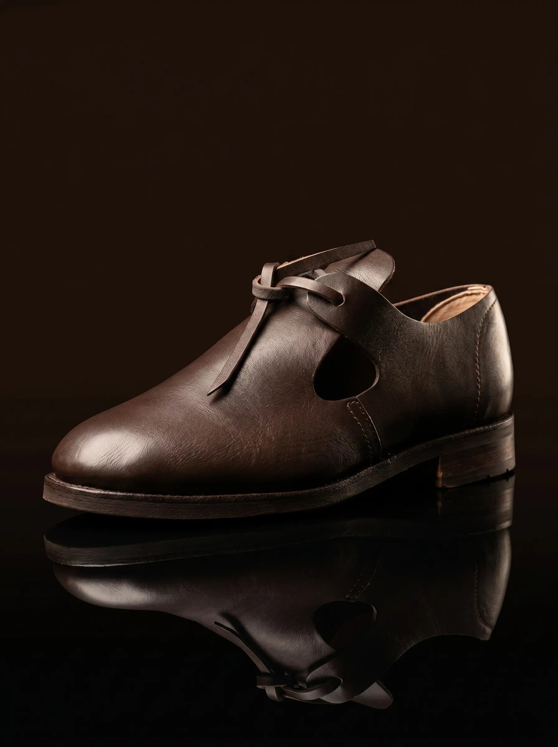 Side profile dark brown leather open latchet shoe — open sides, high tongue — Noirtide 17th century footwear
