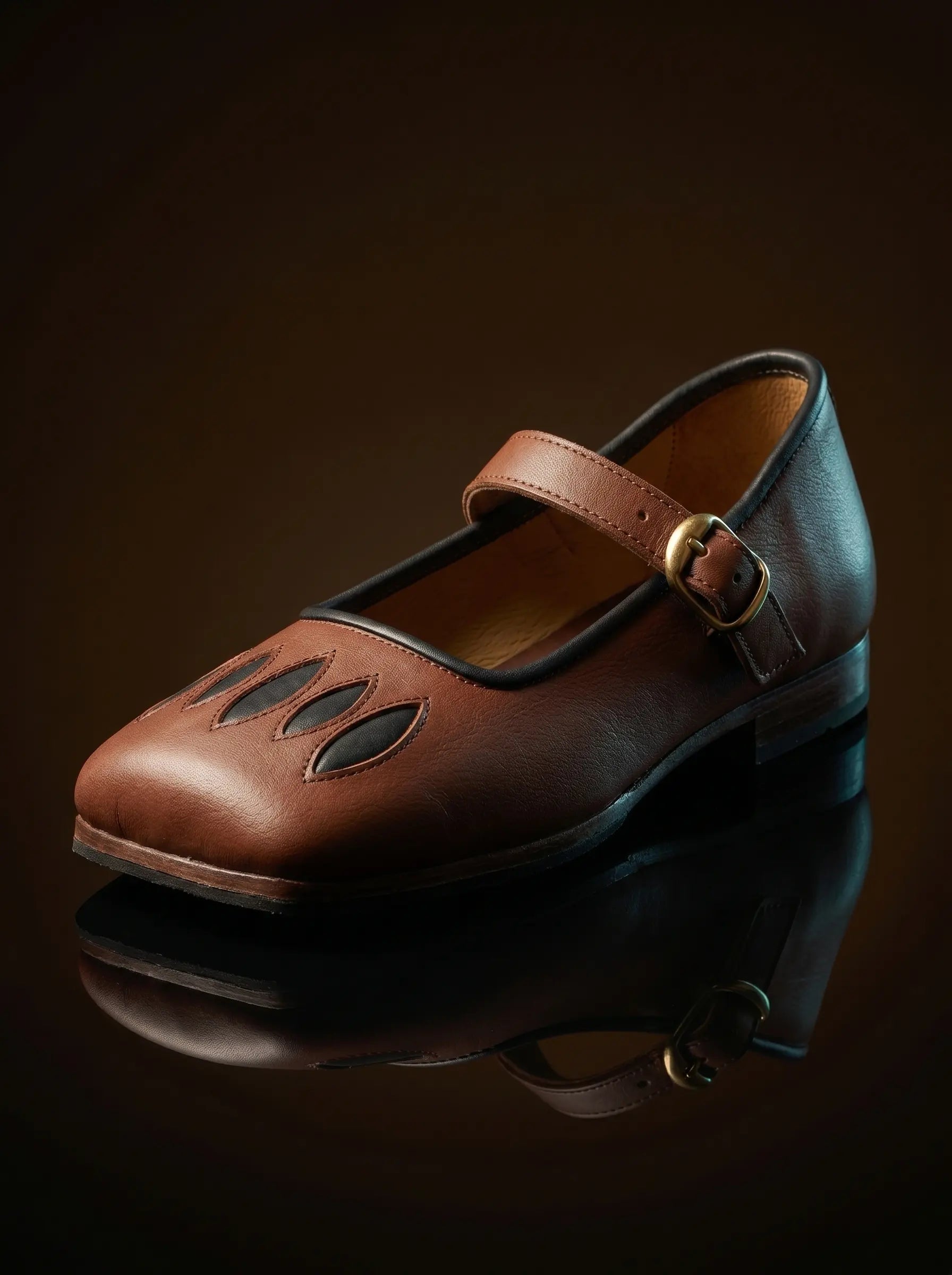 Side view of brown leather Caspar shoe — flat sole, Tudor broad toe silhouette — Noirtide women's historical footwear