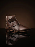 Side view of dark brown early medieval Jorvik shoe showing toggle closure and side flap — Noirtide Viking footwear