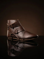 Side view of dark brown early medieval Jorvik shoe showing toggle closure and side flap — Noirtide Viking footwear