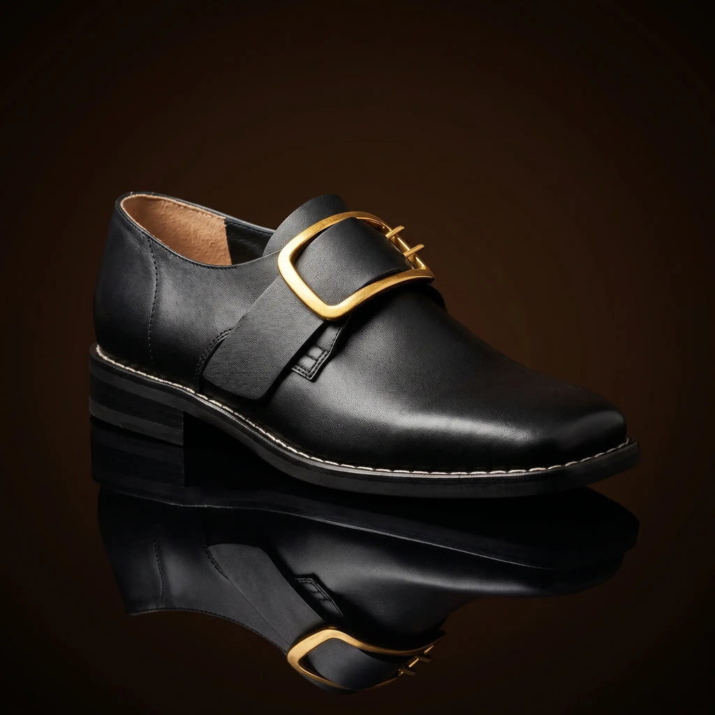 Square toe colonial Puritan shoes with gold buckle in [Suede/Calf] leather — NOIRTIDE
