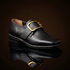 Square toe colonial Puritan shoes with gold buckle in [Suede/Calf] leather — NOIRTIDE