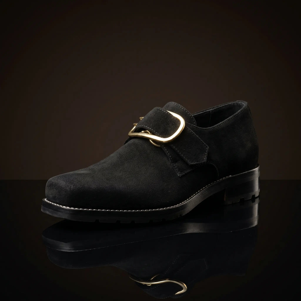 Square toe colonial Puritan shoes with gold buckle in [Suede/Calf] leather — NOIRTIDE