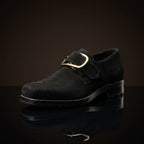 Square toe colonial Puritan shoes with gold buckle in [Suede/Calf] leather — NOIRTIDE