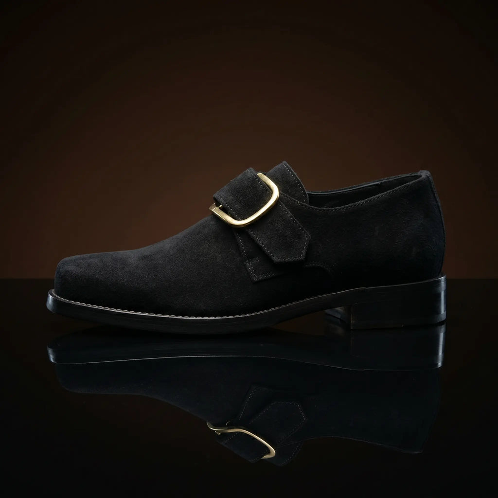 Square toe colonial Puritan shoes with gold buckle in [Suede/Calf] leather — NOIRTIDE