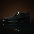 Square toe colonial Puritan shoes with gold buckle in [Suede/Calf] leather — NOIRTIDE