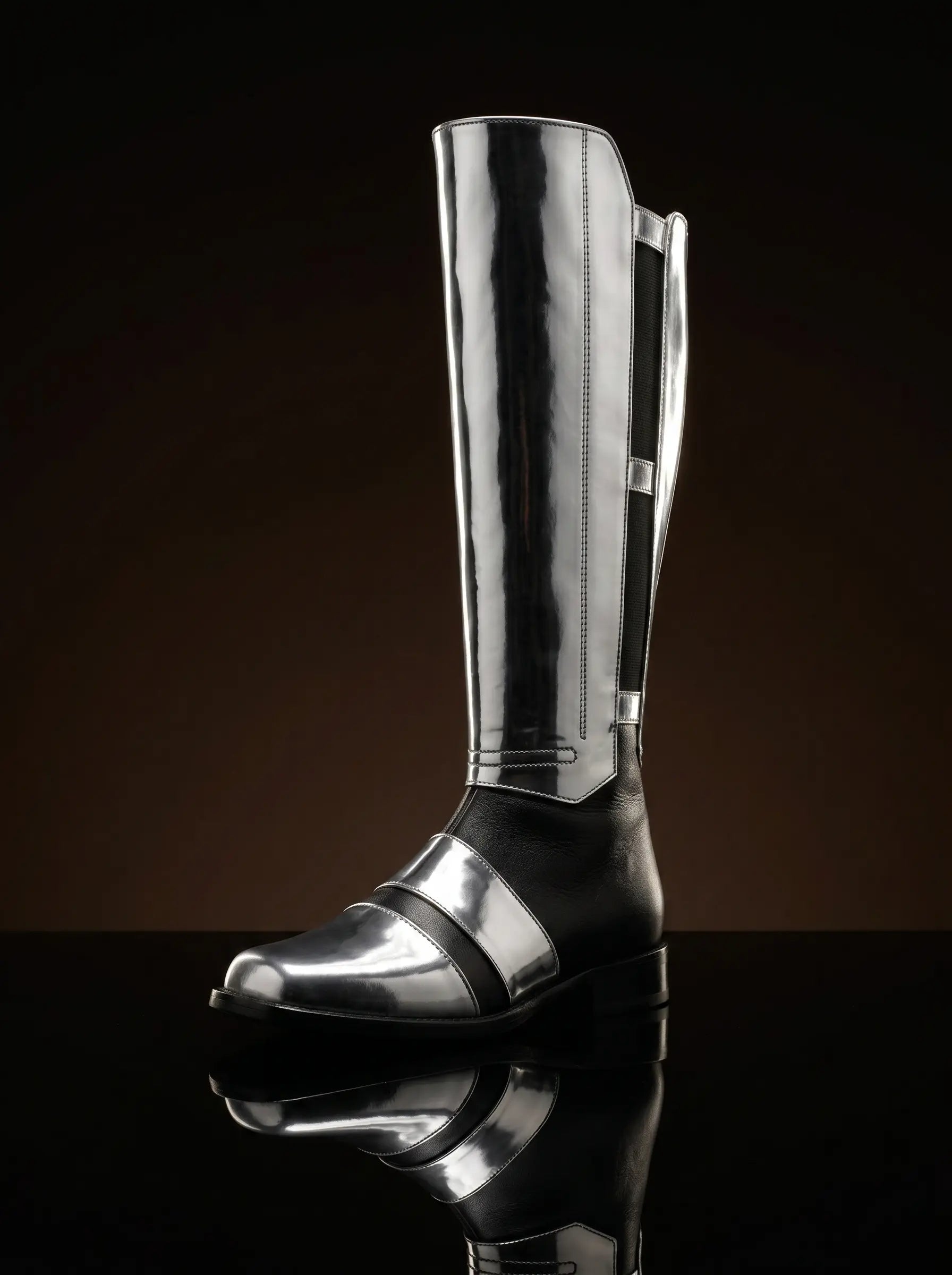 Black genuine leather Darth Revan cosplay boots — wide instep strap, knee-high shaft, bespoke by Noirtide