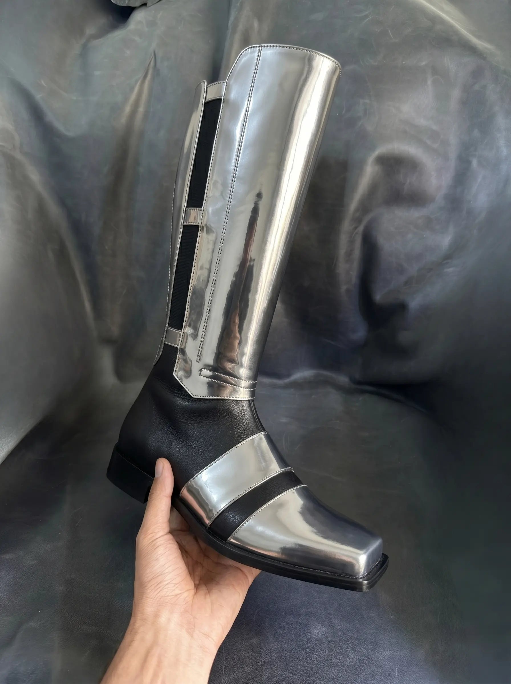 Black genuine leather Darth Revan cosplay boots — wide instep strap, knee-high shaft, bespoke by Noirtide
