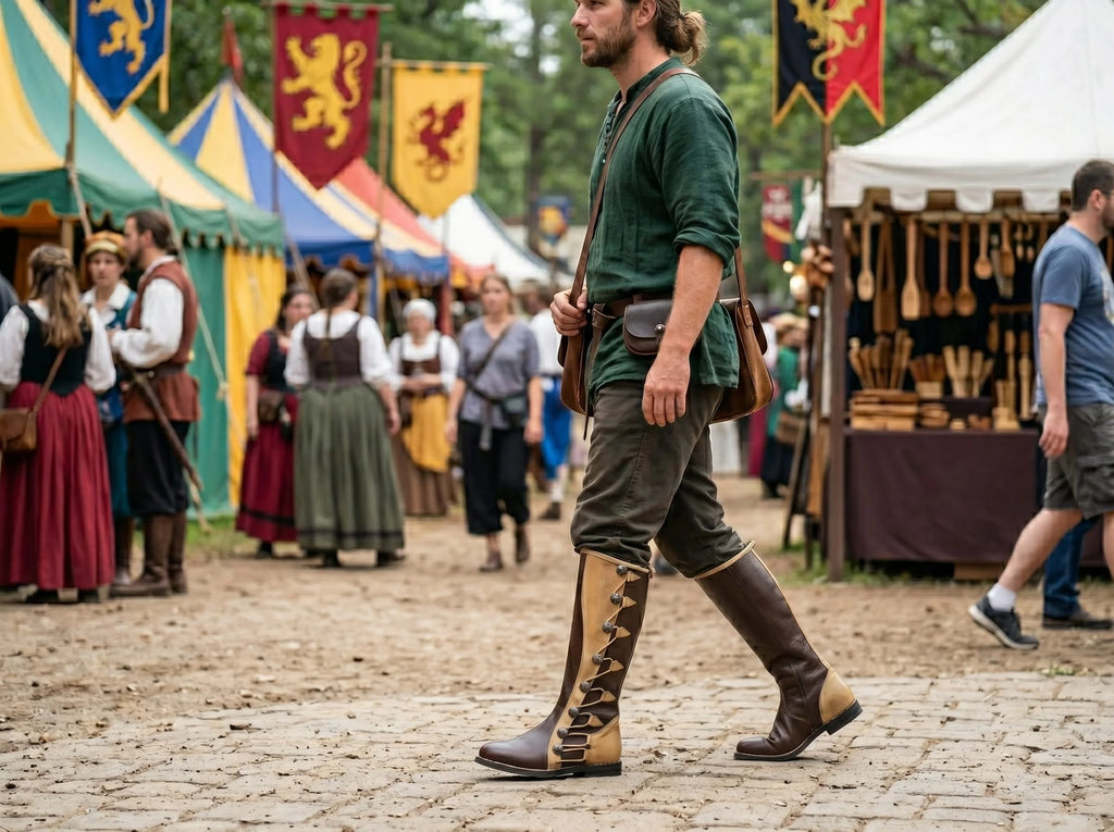 Cosplayer wearing brown Noirtide Richard Cypher boots in full Legend of the Seeker Seeker of Truth costume