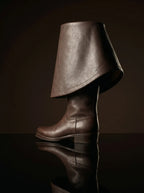 Full side view of black suede Noirtide Will Turner pirate boot — 18-inch shaft, 10-inch cuff, wrestler heel