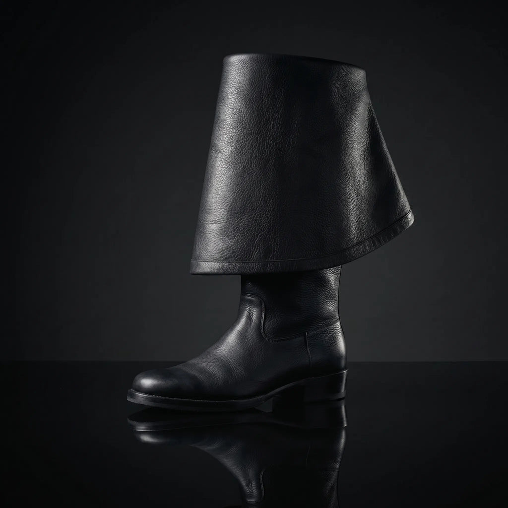 Black Noirtide Will Turner pirate boot with 10-inch cuff folded — knee-high men's leather pirate boot