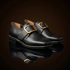 Front view showing the square toe silhouette of colonial Puritan shoes