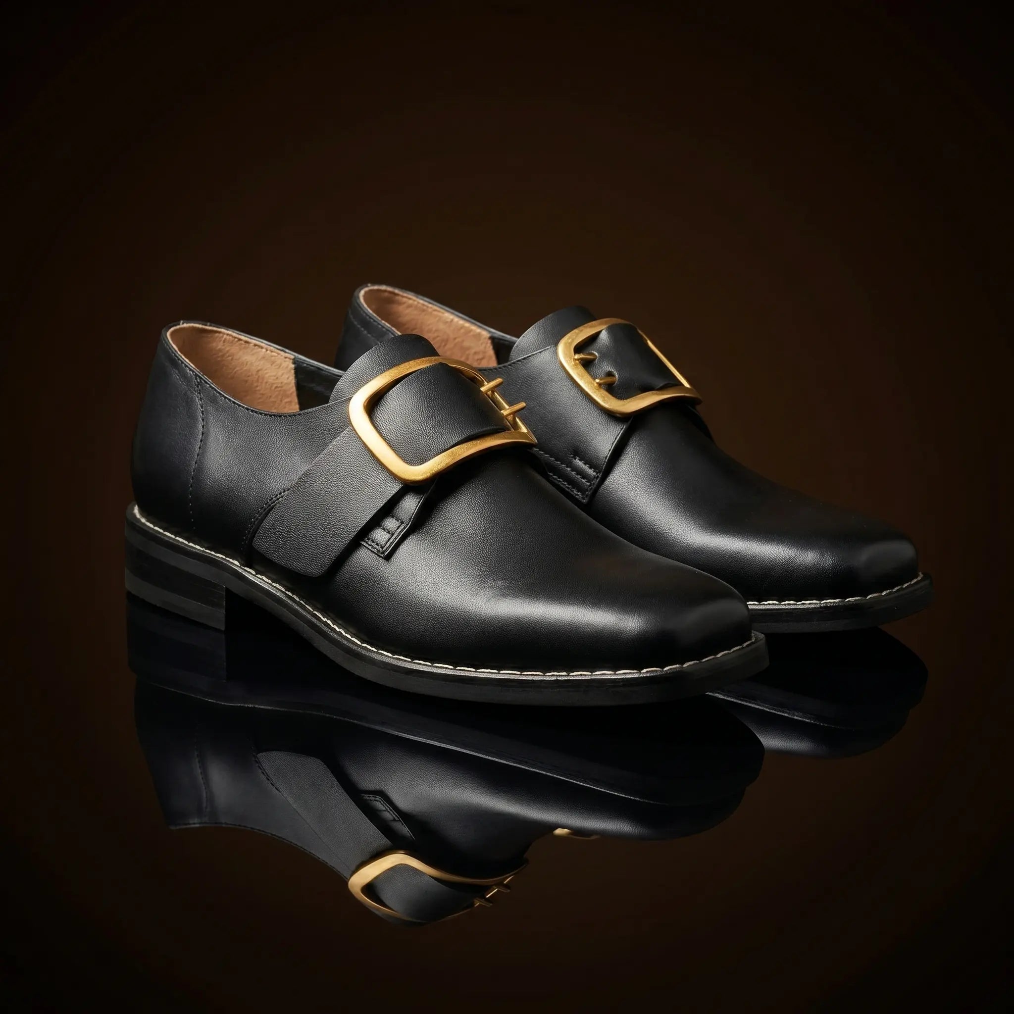Front view showing the square toe silhouette of colonial Puritan shoes