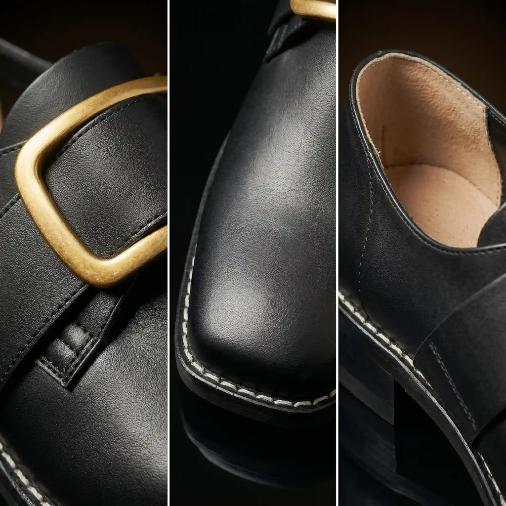Gold buckle and square toe detail on authentic 18th-century shoes by NOIRTIDE