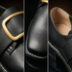 Gold buckle and square toe detail on authentic 18th-century shoes by NOIRTIDE