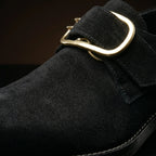 Gold buckle and square toe detail on authentic 18th-century shoes by NOIRTIDE