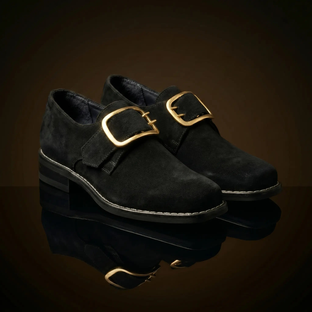 Front view showing the square toe silhouette of colonial Puritan shoes