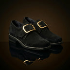 Front view showing the square toe silhouette of colonial Puritan shoes