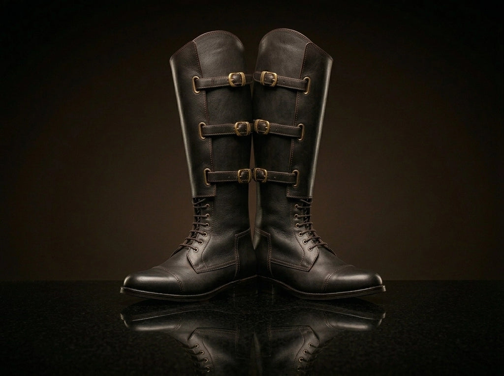 Front view of NOIRTIDE handmade 1940 US Army Cavalry field boots